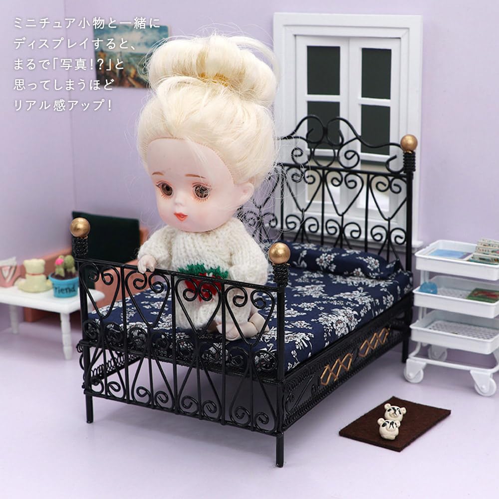 moin moin miniature furniture dollhouse bed frame futon gothic black gold floral blue navy flower antique retro 2311mini35 1/12 112 (with & pillow)