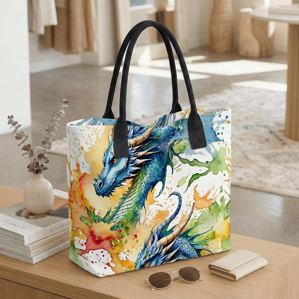  Watercolor Dragon Printed Tote Bag Fashion Casual Large Capacity Handbag for Daily Use