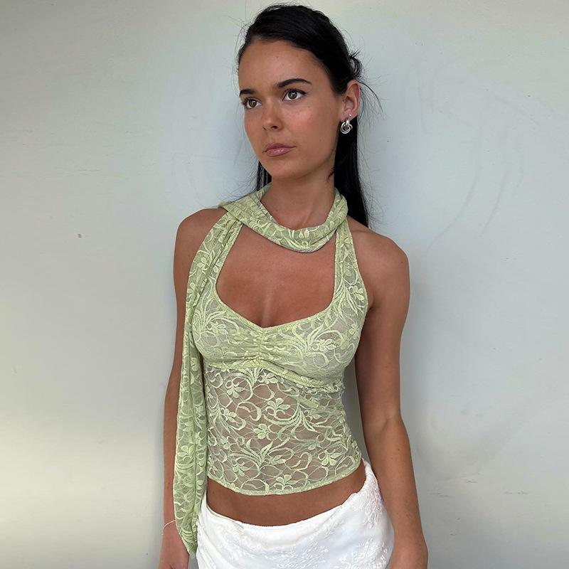 Sexy Halter Halter Lace See-through Crop Top Sling