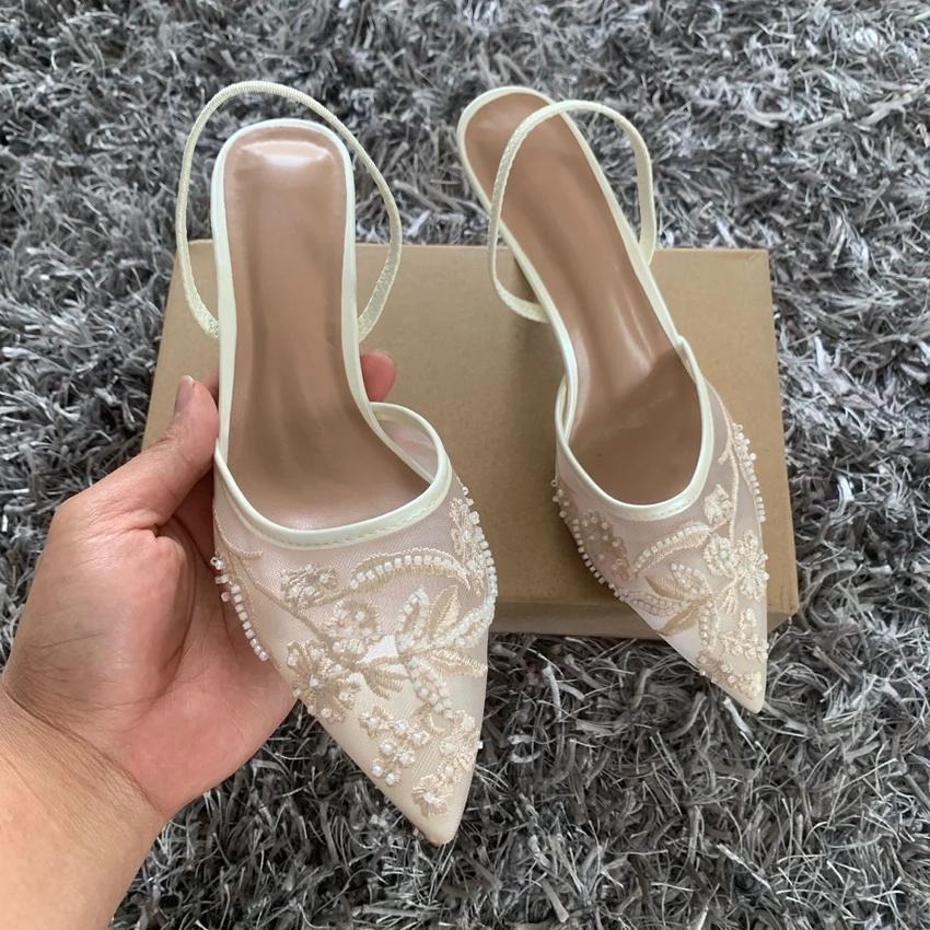 Brand Designer White Women Wedding Pumps Mesh Embroidered Flowers Back Strap Sexy Slingback High Heels Dress Ladies Shoes