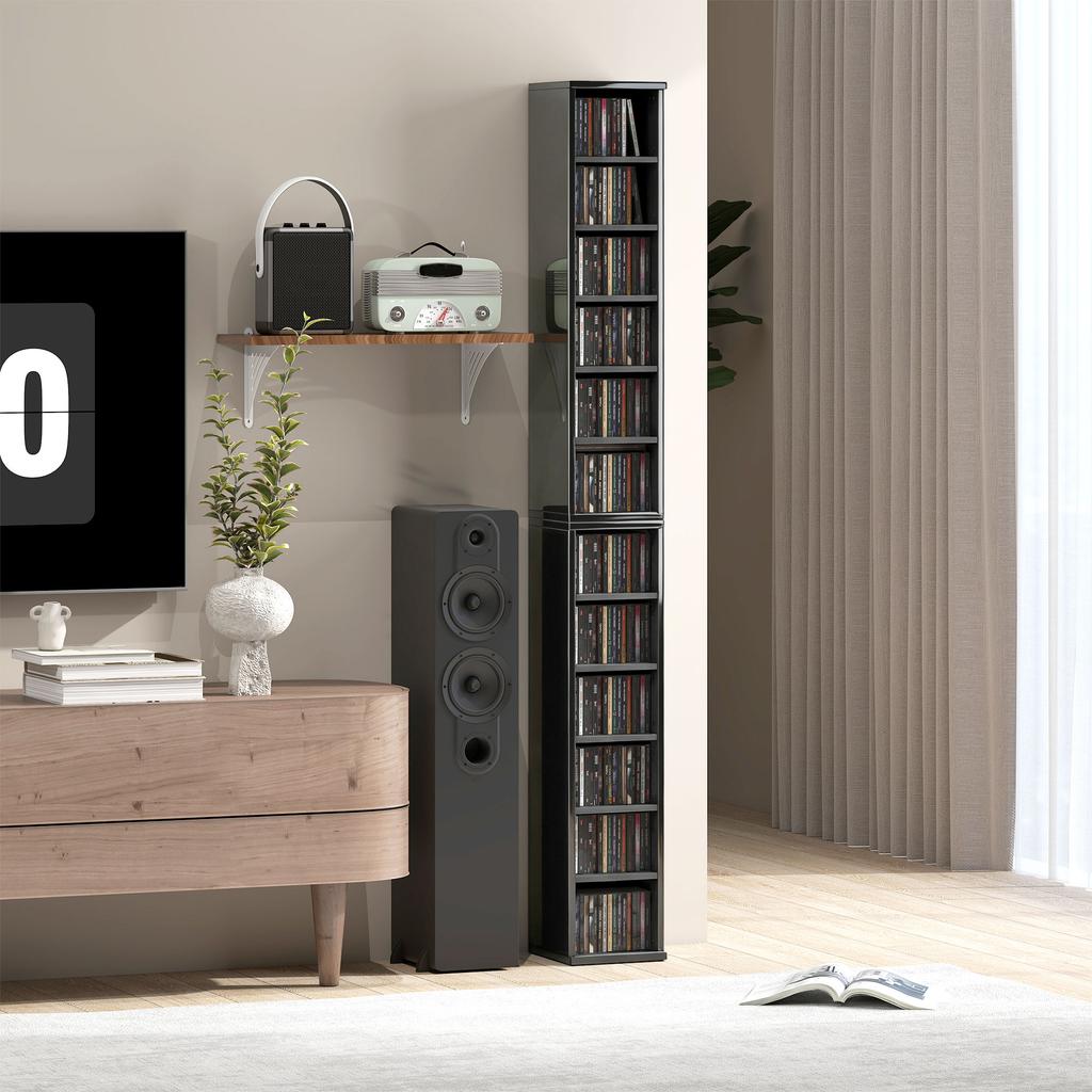 Set of 2 CD Media Display Shelf Unit Tower Rack with Adjustable Shelves, High Gloss Black