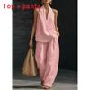 Cotton Linen Blend Sleeveless Pantsuit With Patching For Casual Women Spring Summer