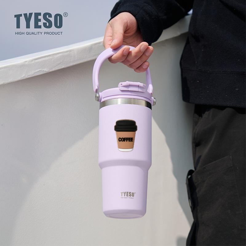 Tyeso 1050ML Vacuum Flasks Handle Dual-Drink Coffee Mug Stainless Steel Ice Cup Car Bottle Hot Cold Retention Large-Capacity With Coffee Sticker