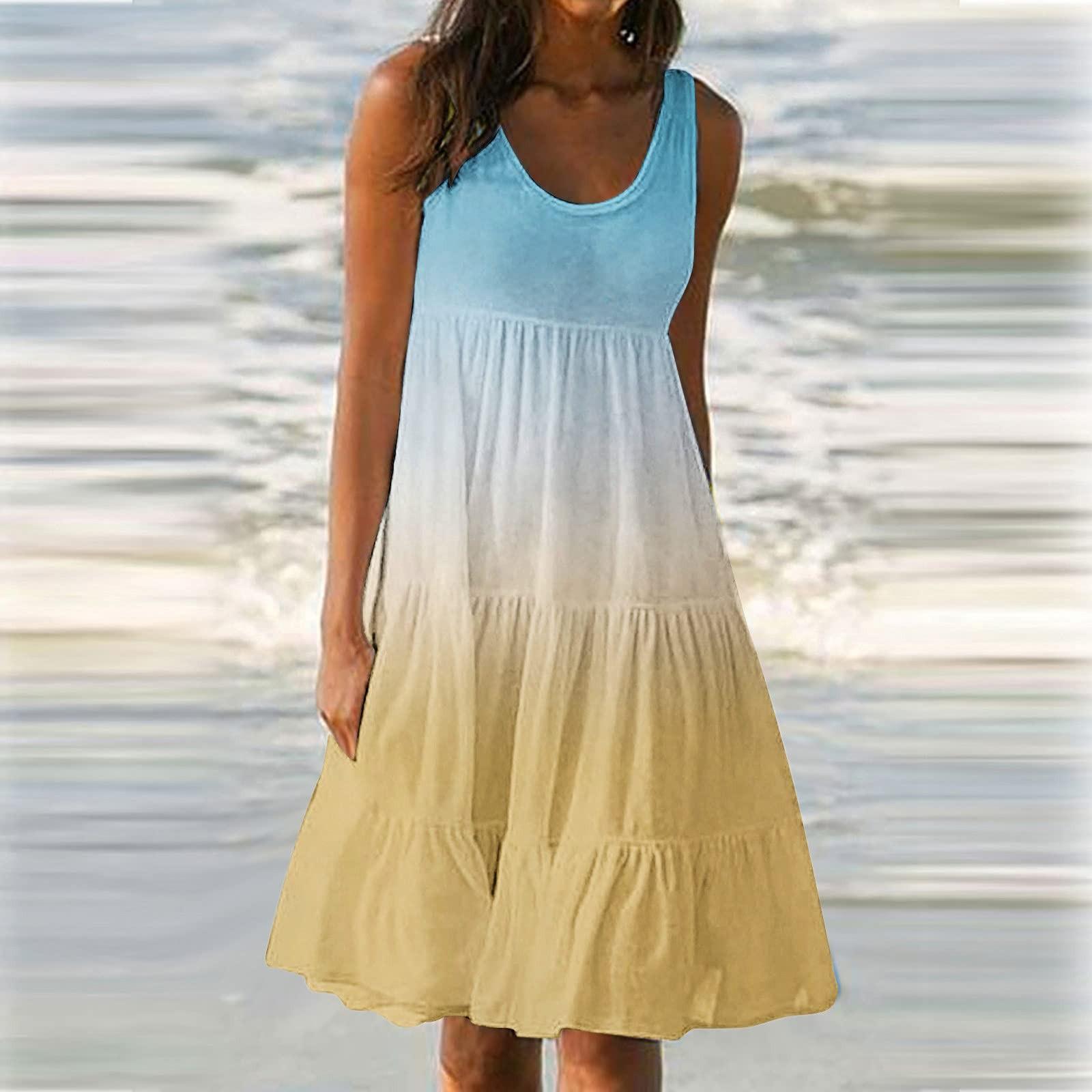 

Women s Summer Sleeveless Ruched Beach Dress O Neck Midi Dress Casual Sundress L жовтий