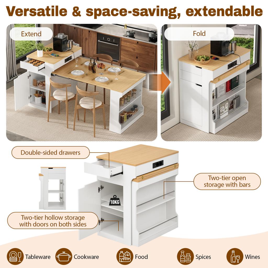 Kitchen Island with Casters, Extendable Dining Table with Power Strips and Two Drawers, Serves As Sideboard or Buffet for Dining Room (White)