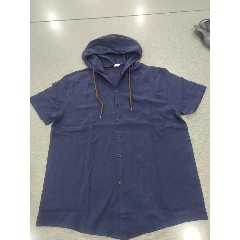 

American Linen Men S Shirt Fashionable And Casual Summer Breathable Thin Hooded Short-Sleeved Cardigan Jacket S тёмно-синий
