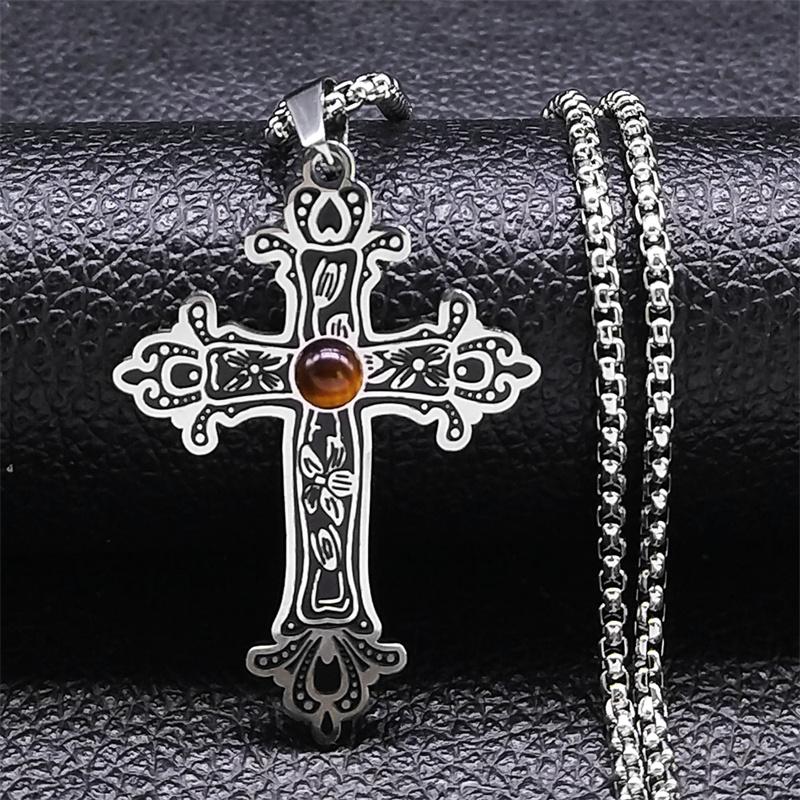 Christian Cross Chain Necklace for Women/Men Stainless Steel Retro Flower Cross Belief Pendant Necklaces Goth Jewelry colar