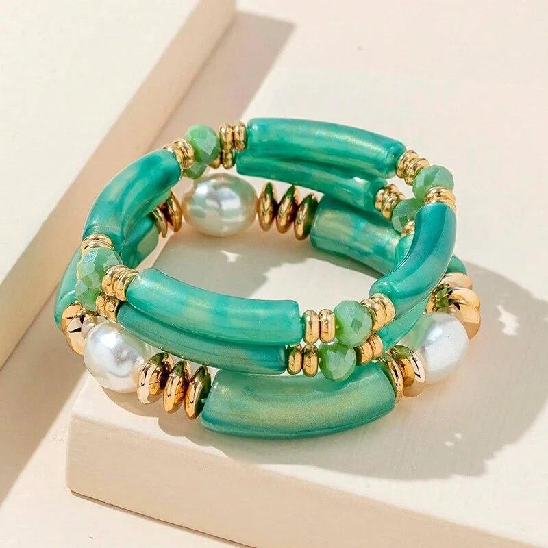 3PCS Set Vintage Design Resin Elastic Bracelet Blue Bamboo Gold Color Spacer Pearl Bracelet Pink Green Coffee Color Option