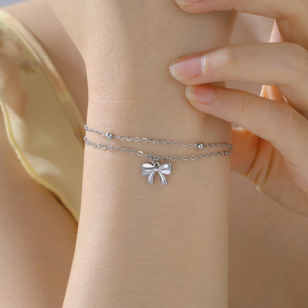 Cazador Cute Bowknot Charm Hand Bracelets for Women Stainless Steel Jewelry Double Beads Chains Bracelet Gift Trendy Wholesale