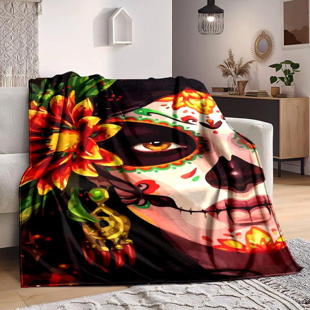 1pc Day of the Dead Mask Blanket Lightweight Flannel Blanket Throw Blanket For Sofa, Bed, Travel, Camping, Livingroom, Couch, Chair, And Bed yy2509026