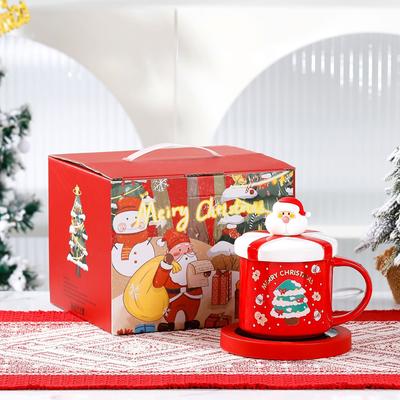 Gift Box Shape Ceramic Santa Mug with Lid Spoon Cute Christmas Cup Cross-border Supply Coffee Cup