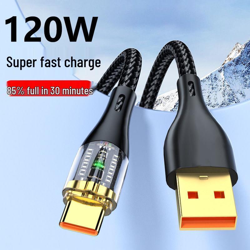 Transparent 120W Super Fast Type-C Charging Cable for Huawei, Vivo, Oppo, Honor 6A - Flash Charge Compatible