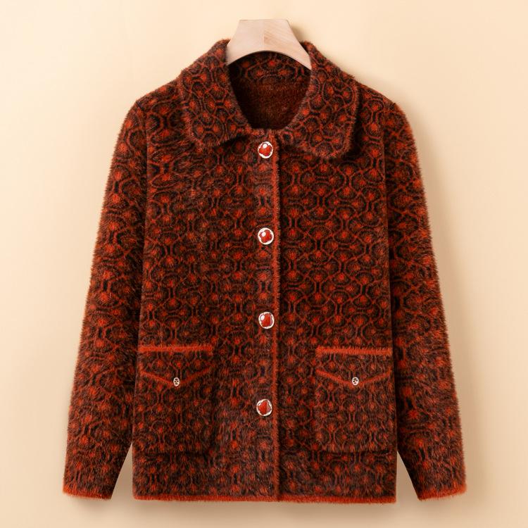 Middle-aged Mother Imitation Mink Wool Knitted Jacket Middle-aged and Elderly Women's Thickened Large-size Sweater Jacket Old Lady Clothes