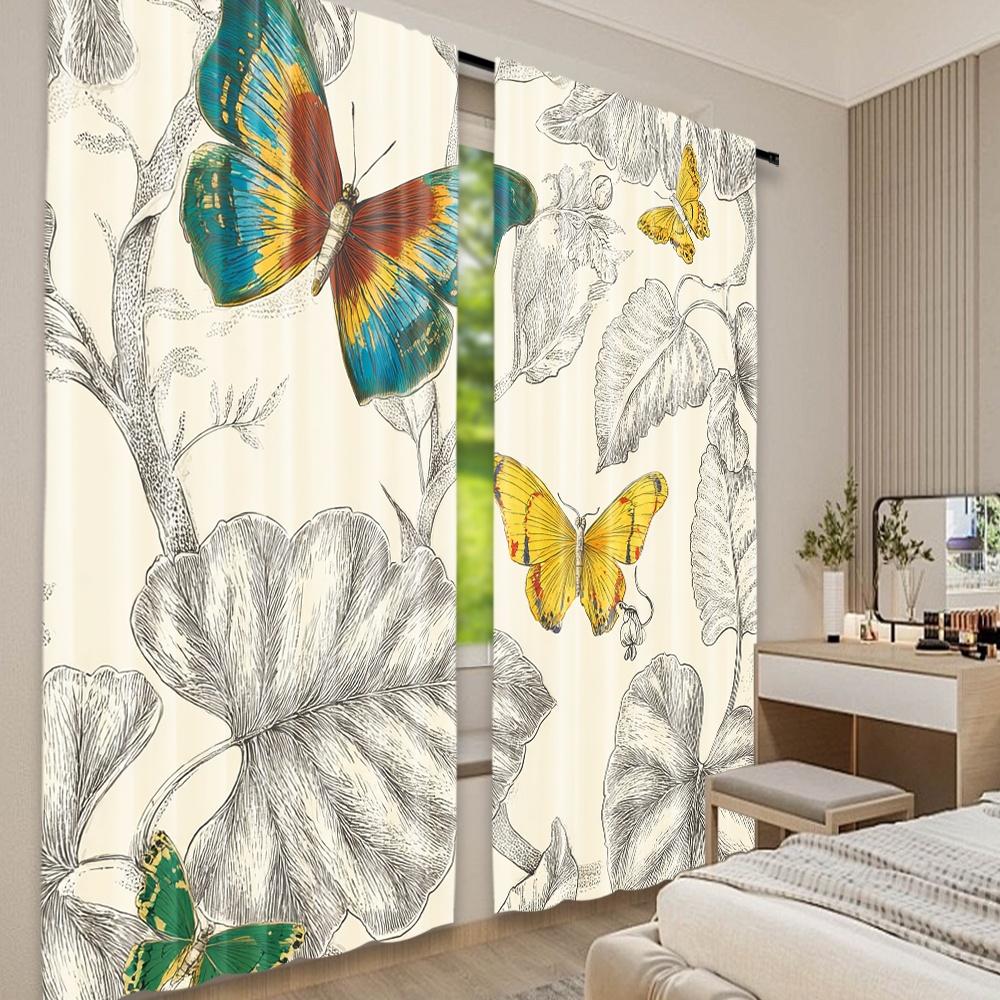 Set Of 2 Flat Printing Window Curtains Butterflies Tropical Foliage Digital Printed Polyester Drapes Seasonal Party Holiday Made