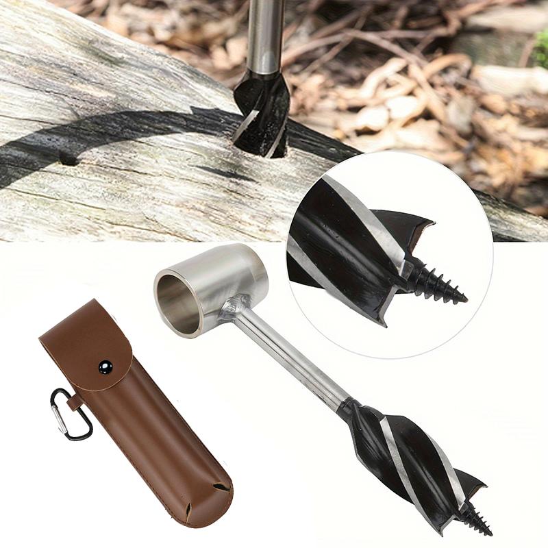 Schneckenbohrer Vierflügelige Stützbohrer Mit PU-Lederetui Outdoor Camping Survival Schlagwerkzeug Manueller Lochmacher