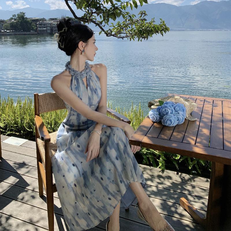 Ladies Summer Embroidery Vintage Hanging Neck Chiffon Floral Dresses