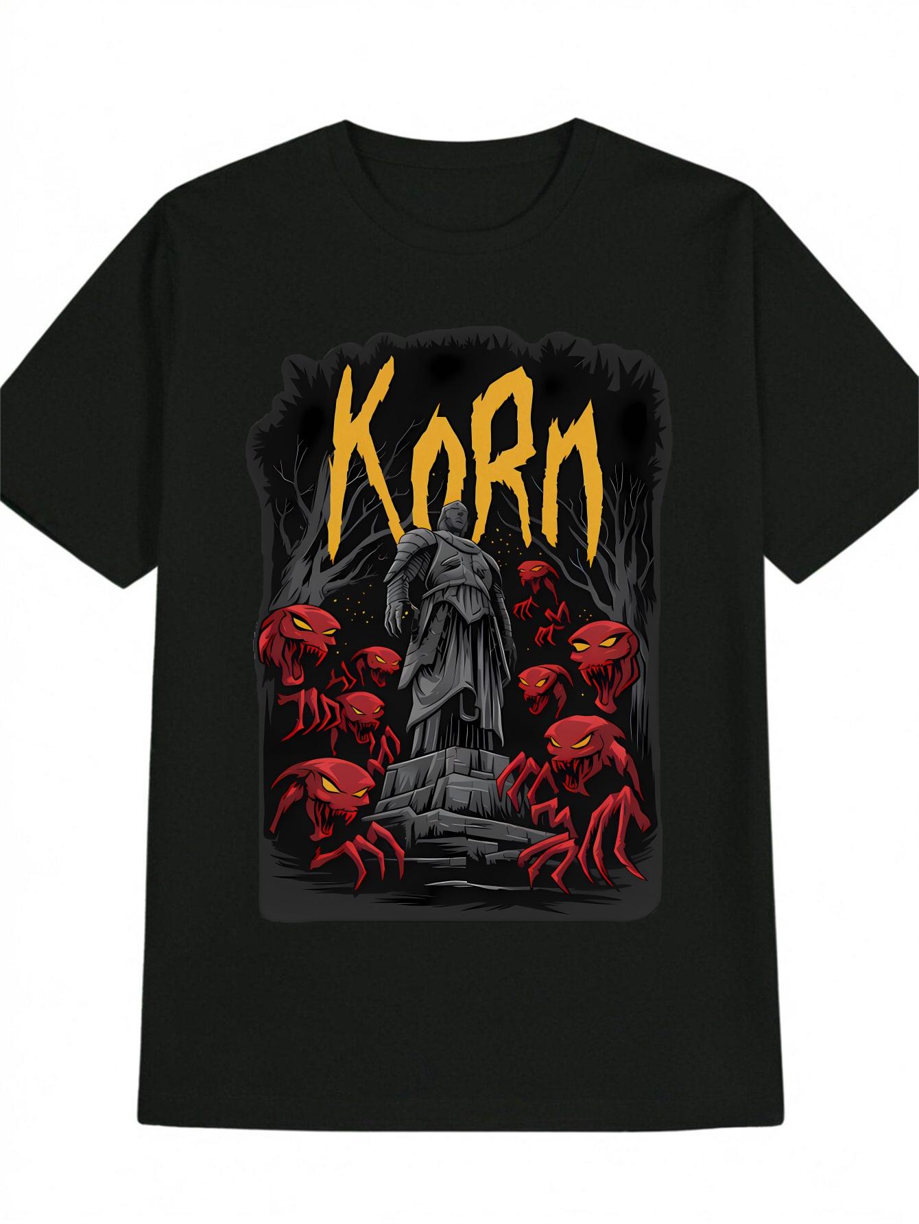Casual Graphic T-shirt - Black with Yellow Korn Logo & Red Scorpion Statue Print S