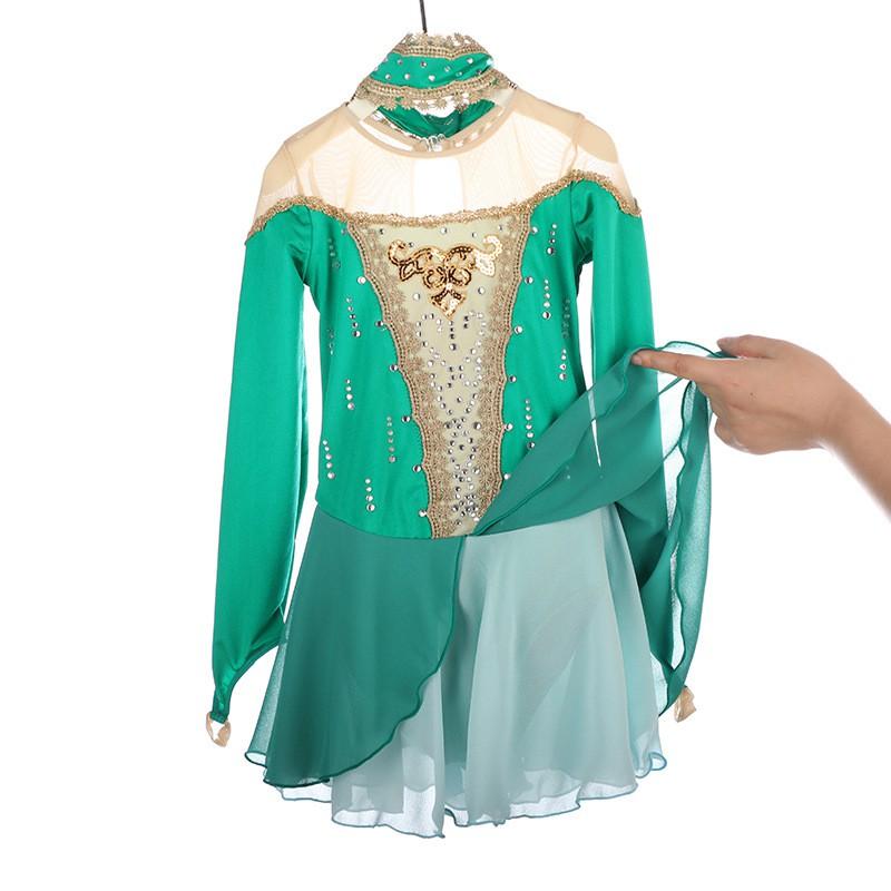 Girls Figure Skating Dress Performance Costume With Rhinestone Embellishment Green Light Blue Gold Trim Sweet Style