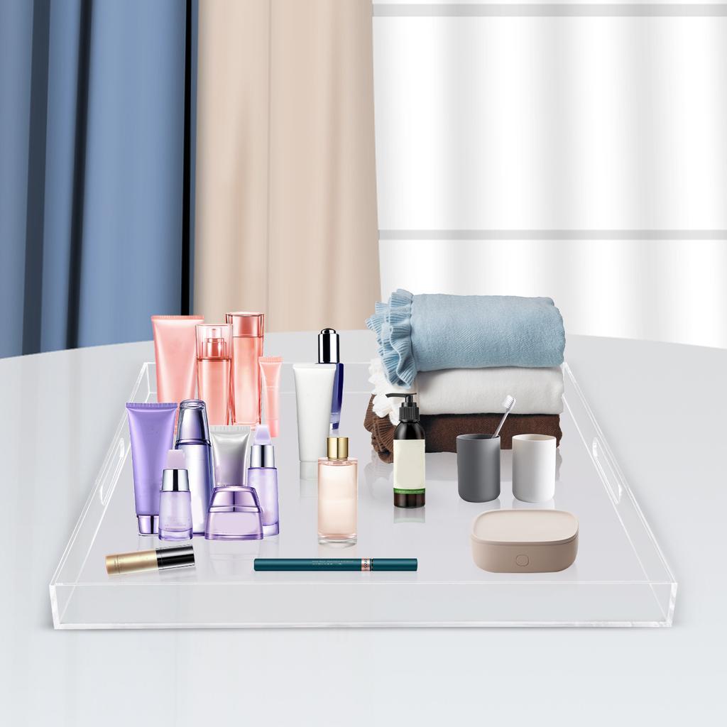 Clear Acrylic Serving Tray with Handles, 23.92x23.92Inch Oversize Spill Proof Decorative Tray, Multipurpose Countertop Organizer