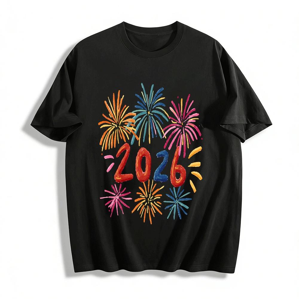 2026 New Year Firework Print Casual Loose Fit Versatile Top Pure cotton T-shirt XXS