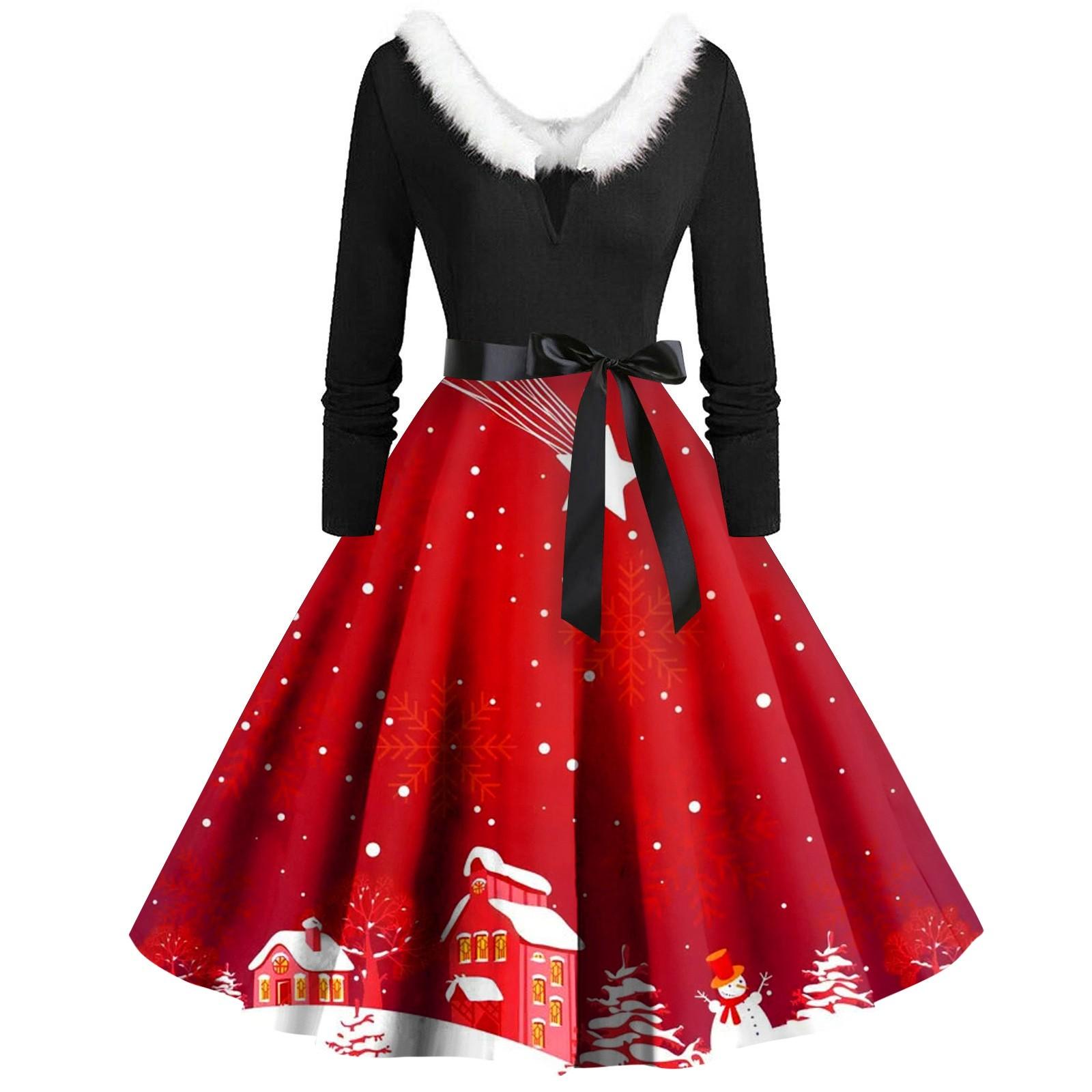 

Женское винтажное платье с длинным рукавом и рождественским принтом в стиле 1950-х годов для вечеринки, выпускного вечера, для домохозяйки XXXL киноварь