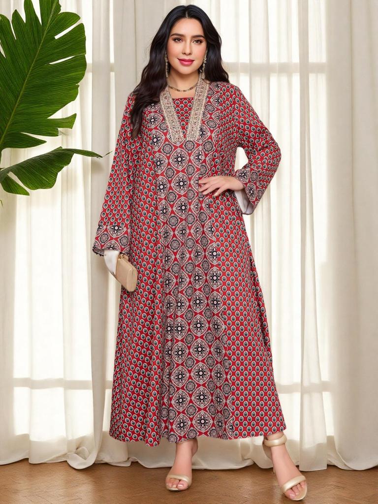 Middle Eastern Plus Size Red Floral V-Neck Long Dress with Retro Geometric Patterns and Elegant Ethnic Style