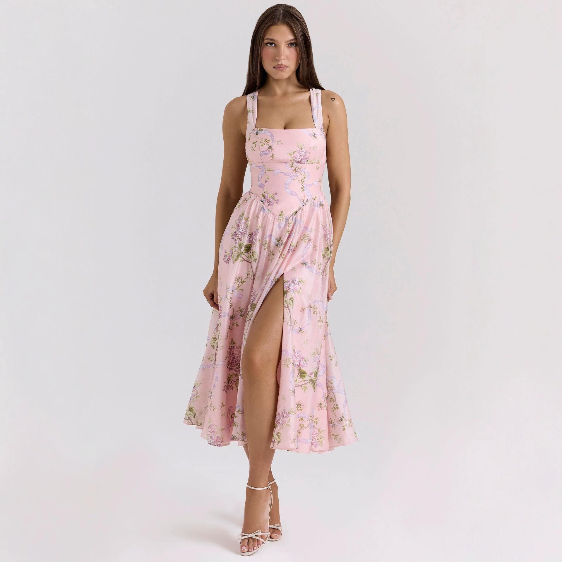 Summer new French sweet and spicy design printed neck slim split dress S