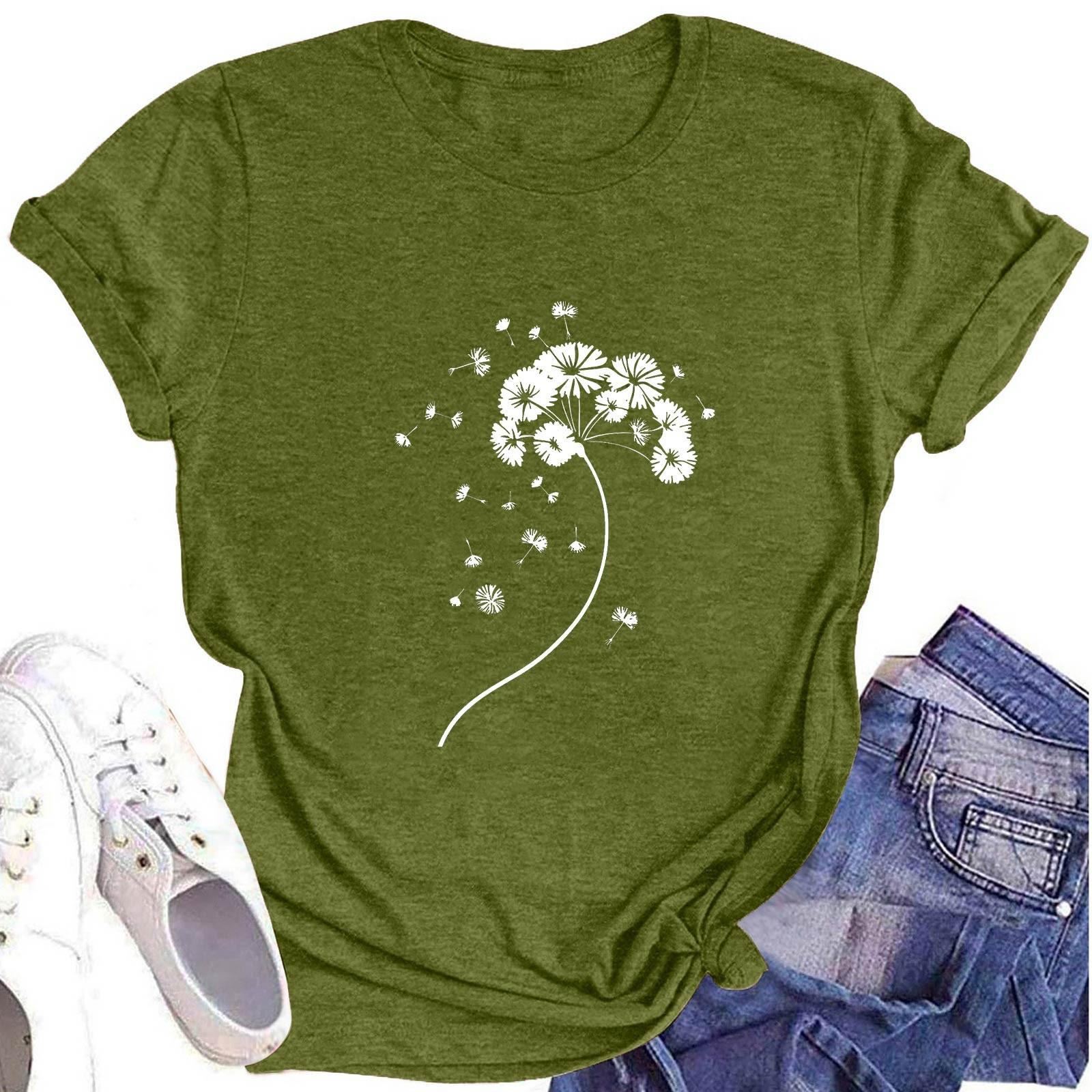 

Женская модная футболка с круглым вырезом и коротким рукавом, повседневный топ с цветочным принтом L армия зеленый