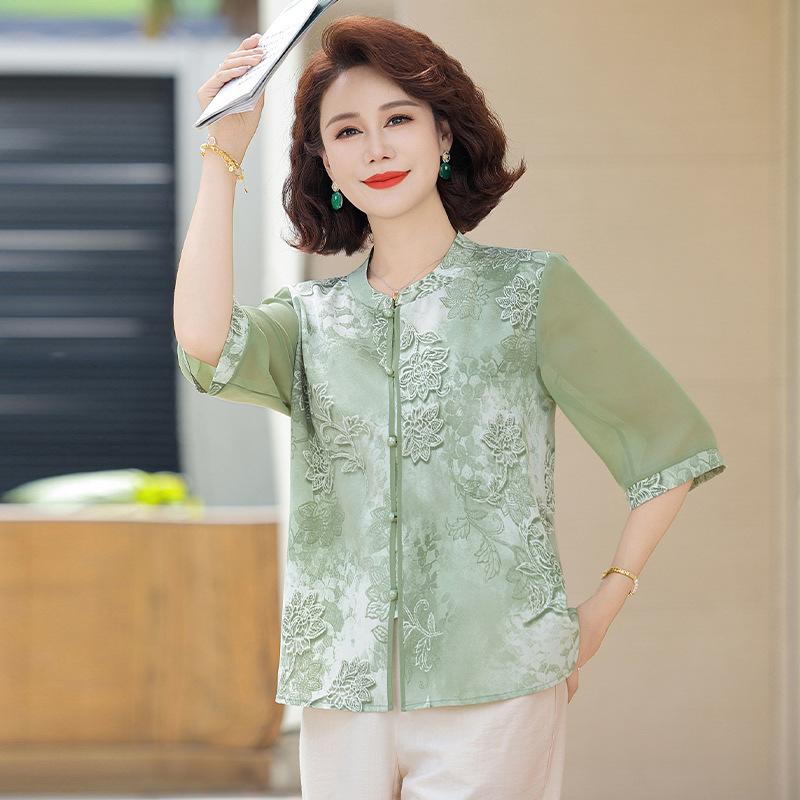 Fashion New Printed New Chinese Style Tops for Women's Chiffon Shirt Short-sleeved T-shirt