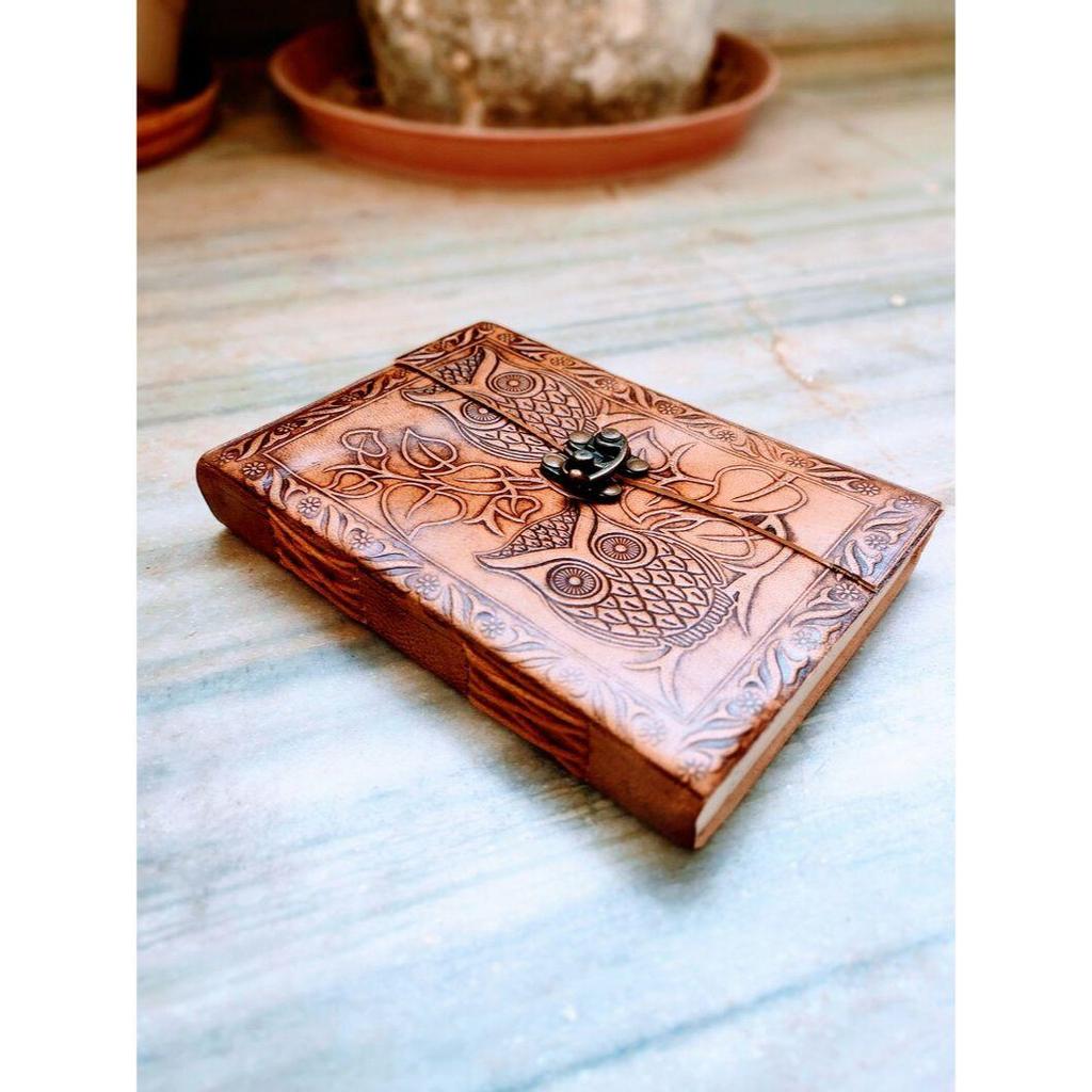 Owl Embossed Leather Bound Journal With Lock, Handmade Leather Notebook Unlined Journal Travel Diary Medium Size Locked Journal Fancy Diary