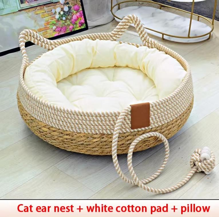 Woven Four Seasons Cat Bed Removable Upholstery Sleeping House Cat Scratch Floor Rattan Wear-resistant Washable Cat Pet Supplies