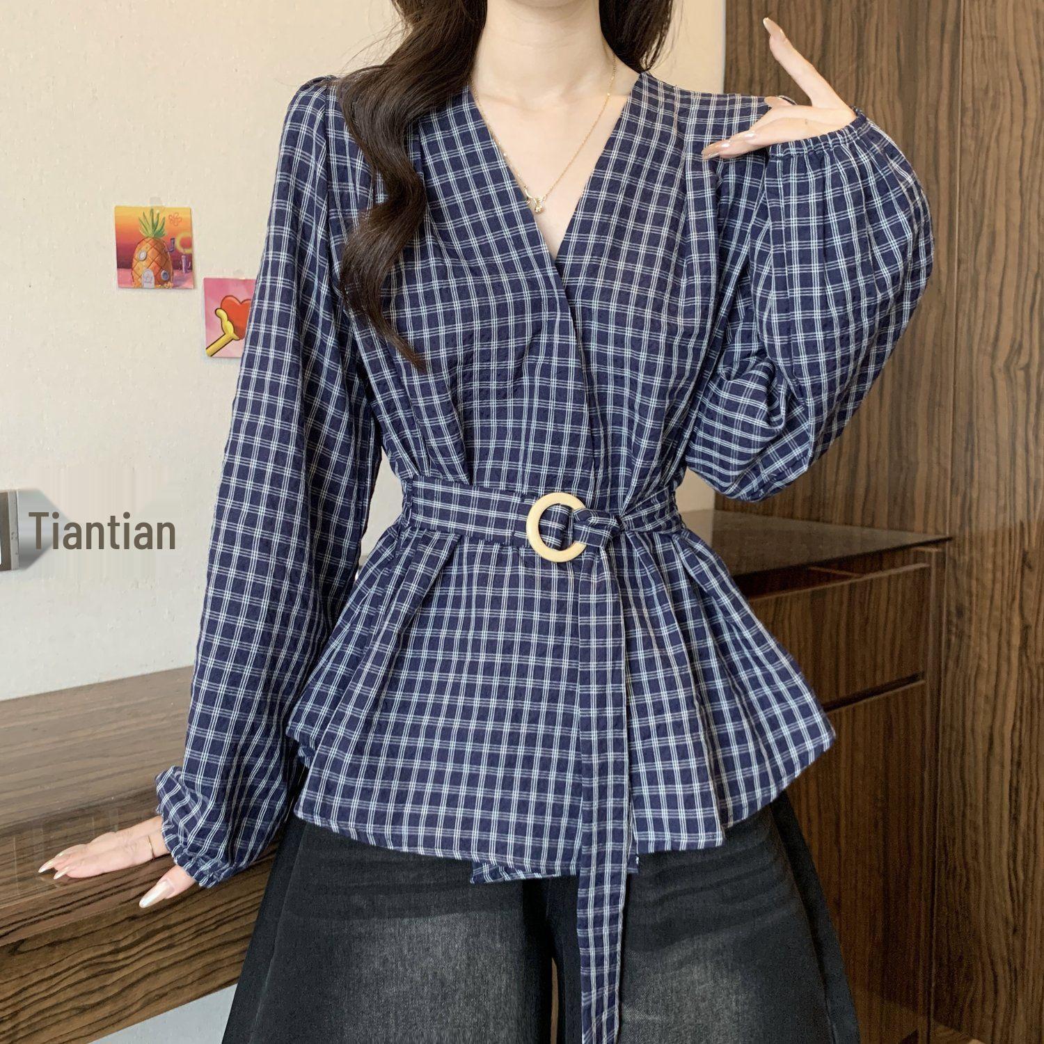 

Women s Plus Size Retro Plaid V-Neck Long-Sleeve Waist-Cinched Top for Spring and Autumn XL (116-130 kg)