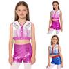 Set Top Corto Senza Maniche Patchwork Metallico con Patch di Paillettes Western Cowgirl per Ragazze