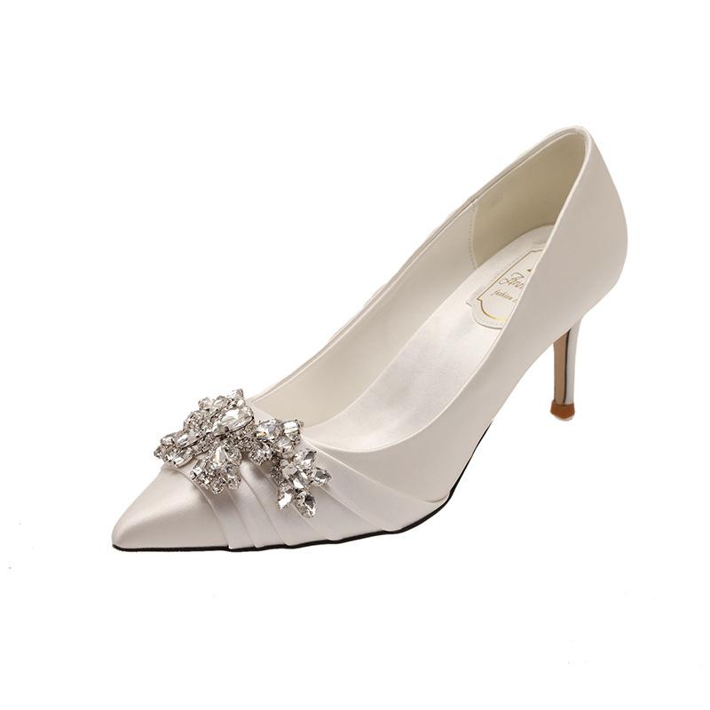

Французские туфли на высоком каблуке женские 2025 новые белые свадебные туфли со стразами для невесты темпераментные светские туфли с открытым носком женские 39 белый