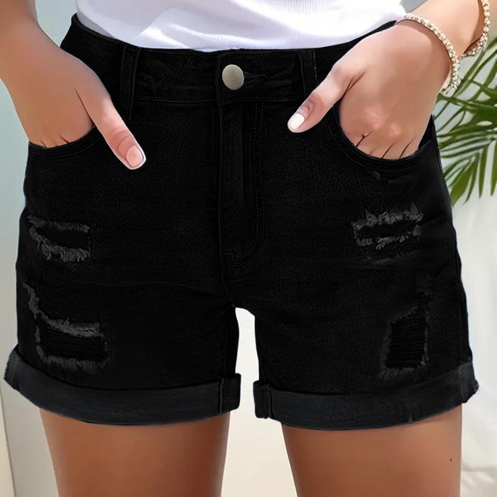 Women s Black High-Waisted Ripped Denim Shorts, Stretchy Hip-Hugging Fit S