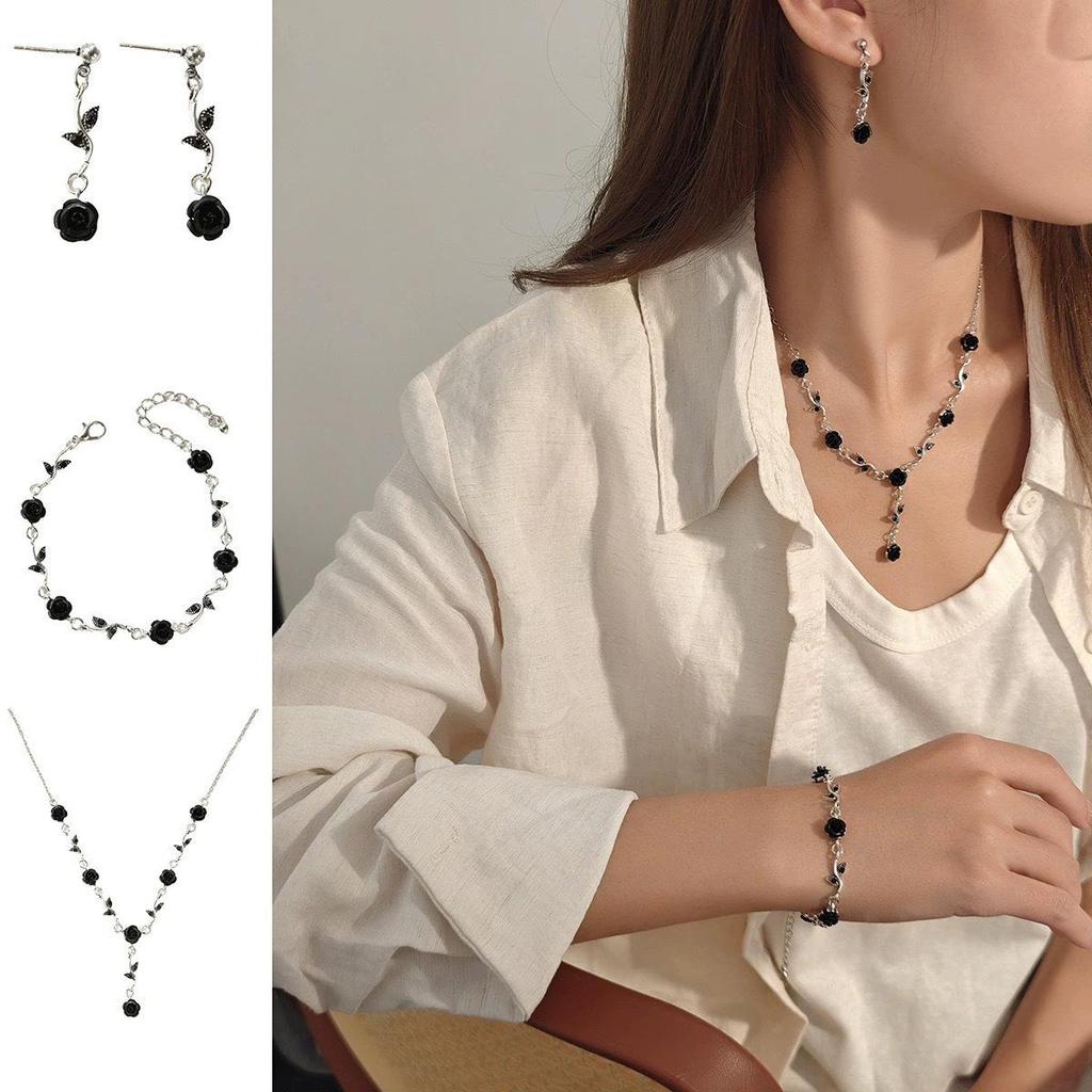 Elegant High-End Women's Retro Silver Fairy Jewelry Set: Black Knight Rose Earrings, Bracelet & Necklace