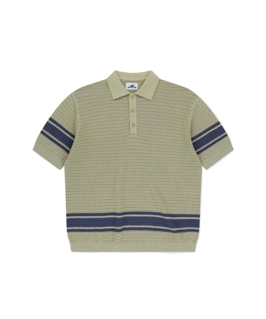 Sun Love Border Crochet Knit Polo Beige