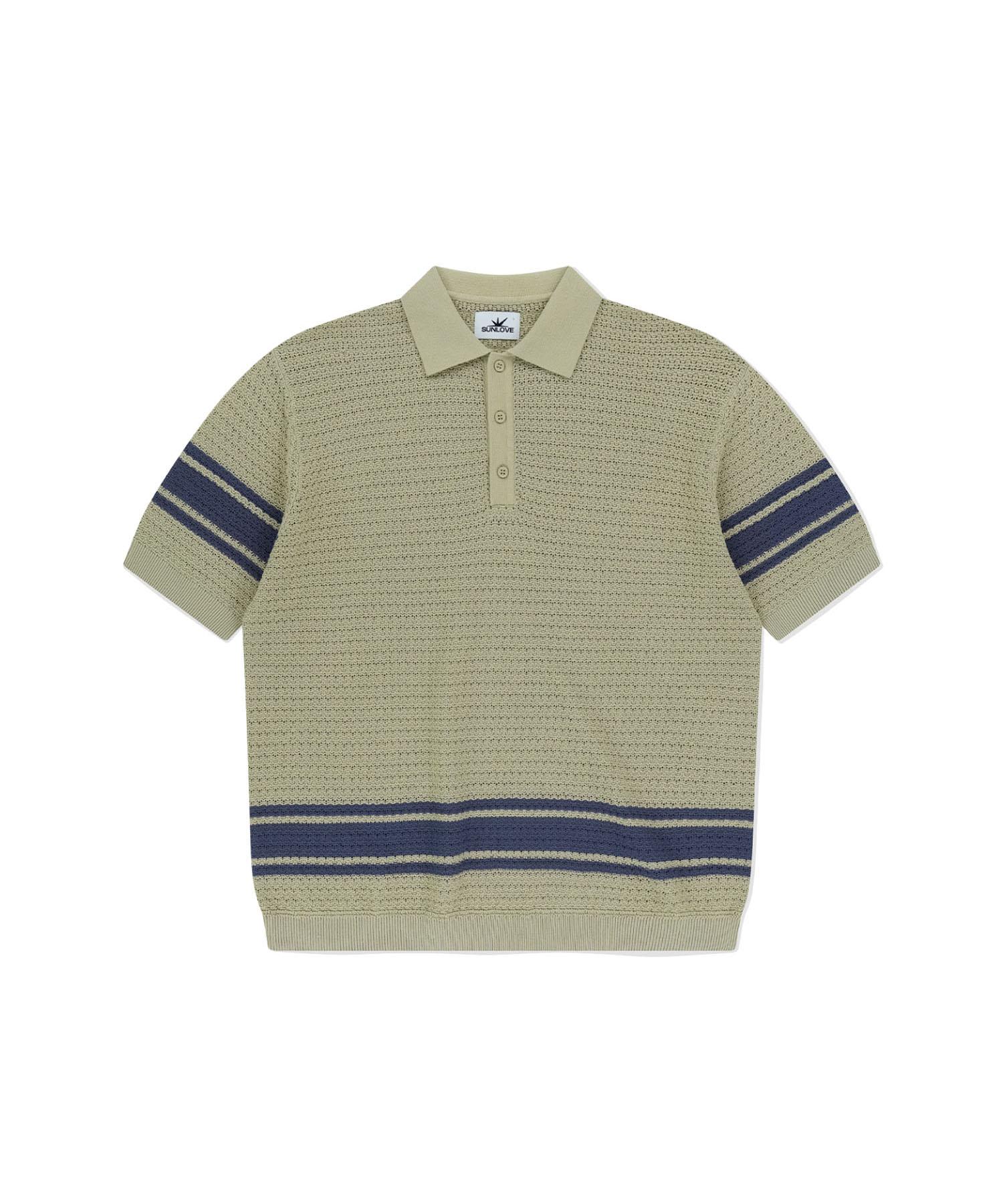Sun Love Border Crochet Knit Polo Beige S