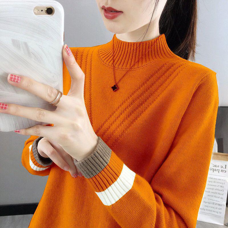 Women's High Neck Sweater Top - 2024 Autumn/Winter Collection, Loose Fit, Knitted Base Layer.
