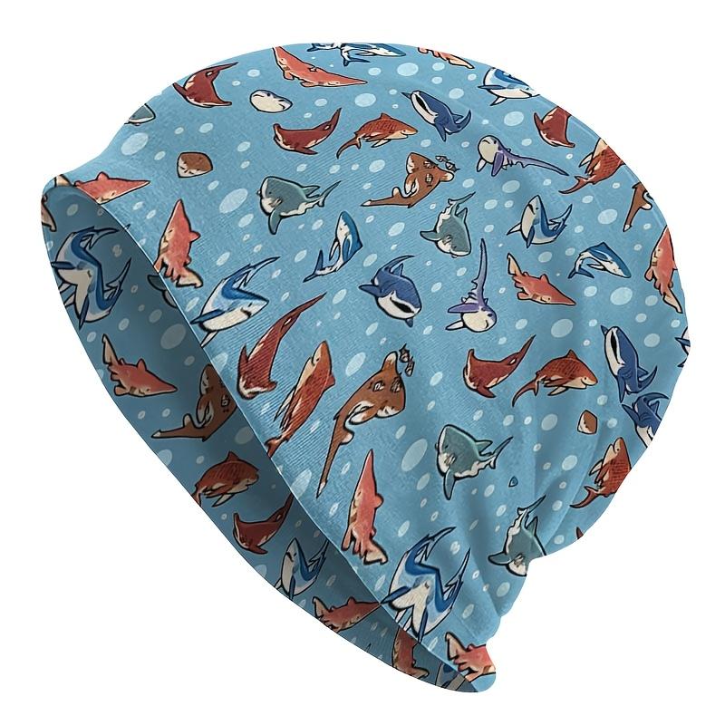 A Men'S Street Style Ocean-Themed Knitted Hat - Featuring a Vibrant Shark Pattern, Made from Durable Knitted Fabric, Offering a Comfortable And Stretc