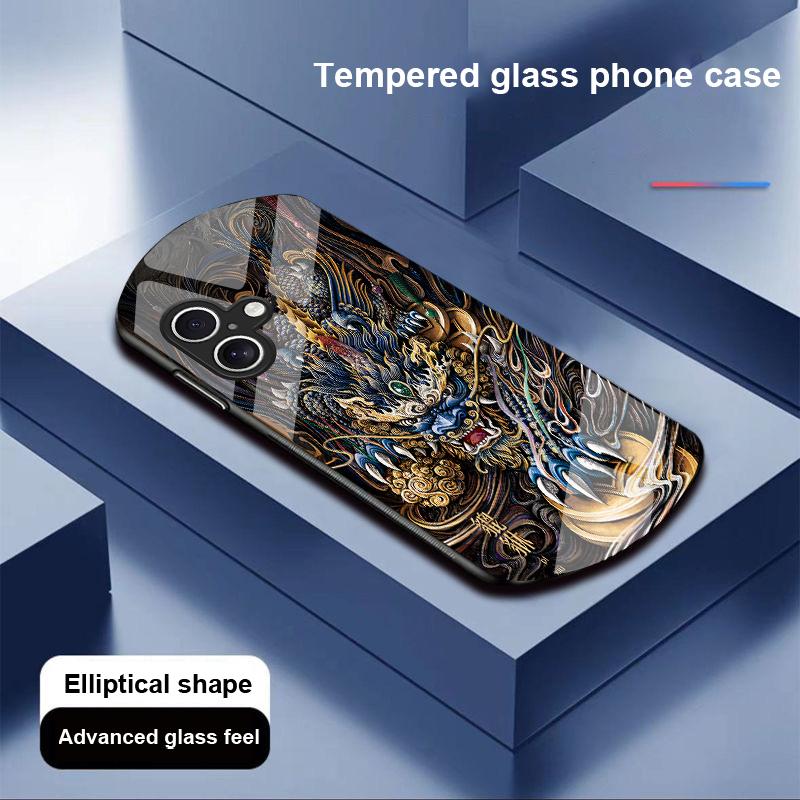 Golden Phoenix For Apple IPhone 16 11 13 15 14 Pro Max 12 Mini 7 8 Plus XR X XS Elliptical Shaped Tempered Glass Phone Case
