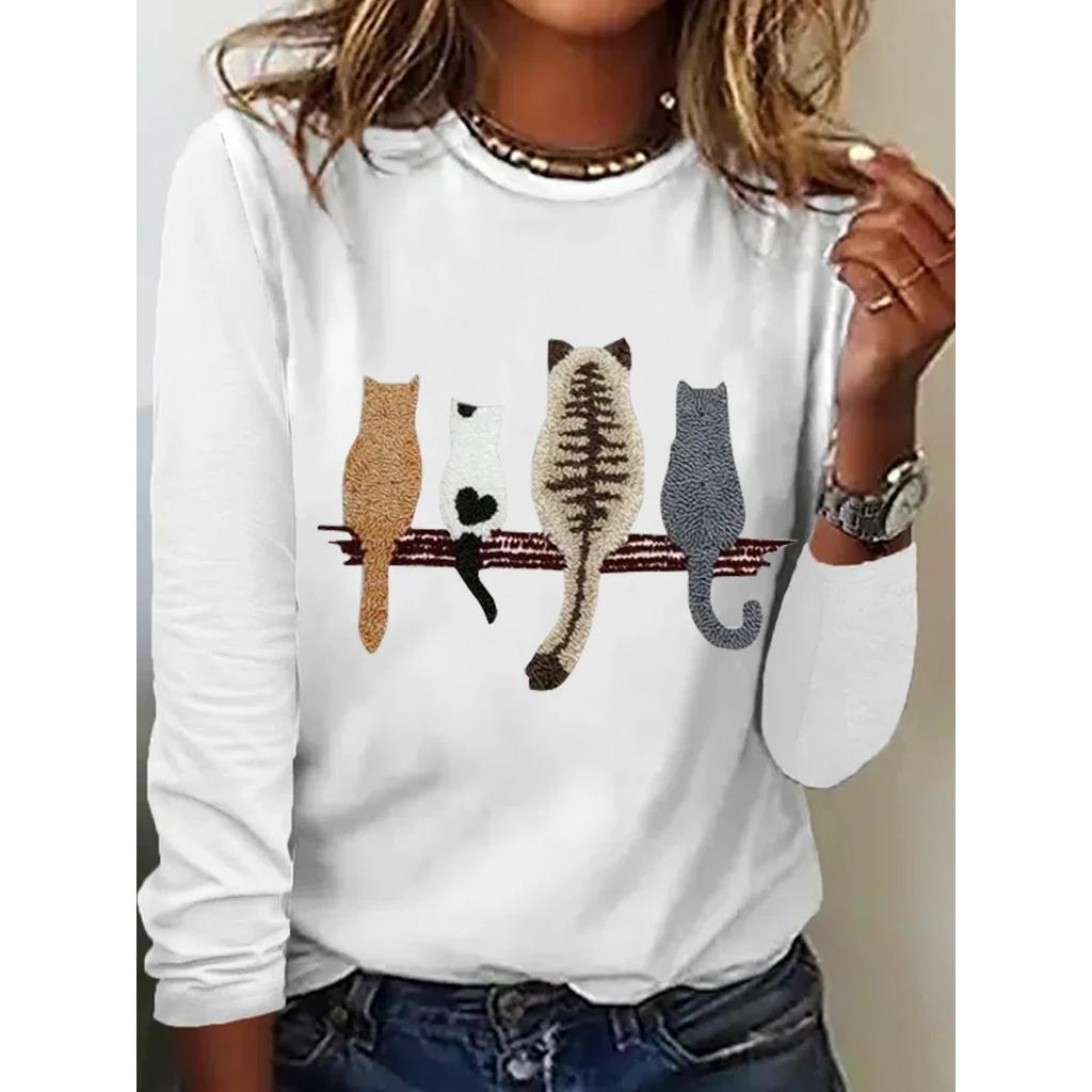 Rundhals 3D-bedrucktes Katzenmuster Top Modische Lässige Langarm Damen T-Shirts