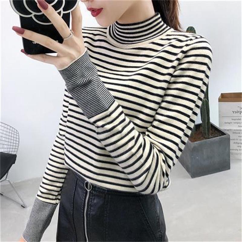 Autumn Winter New Half High Collar Striped Knitted Bottom Shirt Women's Loose Inner Pullover Sweater Top