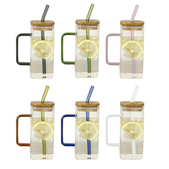Square Glass Tumbler with Handle And Lid 380ml Transparent Coffee Cup Portable Tea Milk Jar for Hot Cold Drinks