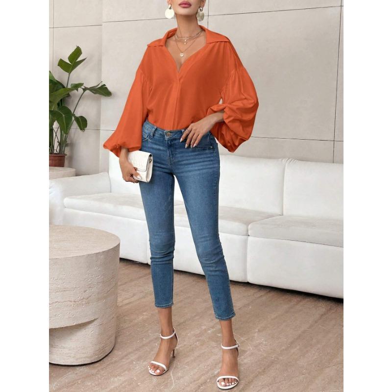 Loose Lantern Sleeve Blouse With Polka Dot Half Open Collar