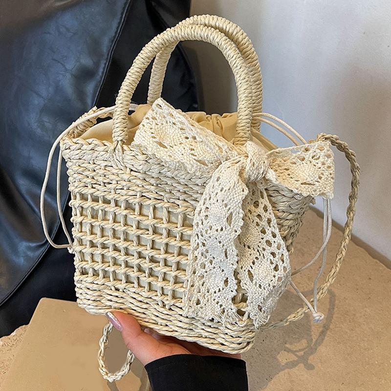 Luxury Designer Lace Bow Straw Weave Women'S Handbag Casual Crossbody Bag Compact Bucket Summer Beach Bag Premium