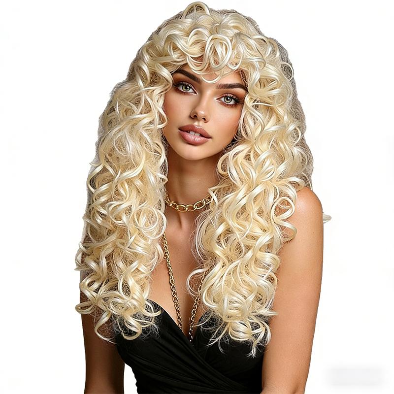 Parrucca Lunga Riccia Moda Donna, Ricci in Lana Biondo Platino Frangia ad Aria Capelli Sintetici in Fibra ad Alta Temperatura