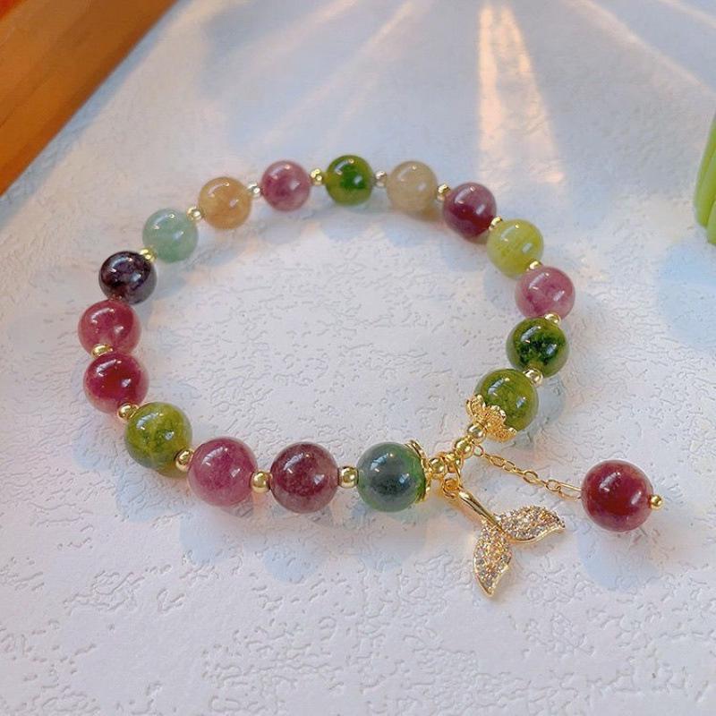 Women's Luxury Natural Stone Tourmaline Bracelet with Whale Tail Tassel Pendant - Seven-Color Handcrafted Jewelry Gift for Girlfriend