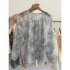 Sommer Damen Blumenmuster Bluse Lässig Locker Langarm Chiffon Hemd mit Bindekragen