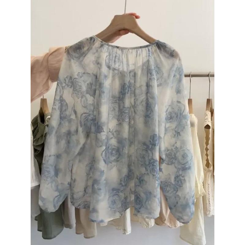 Sommer Damen Blumenmuster Bluse Lässig Locker Langarm Chiffon Hemd mit Bindekragen